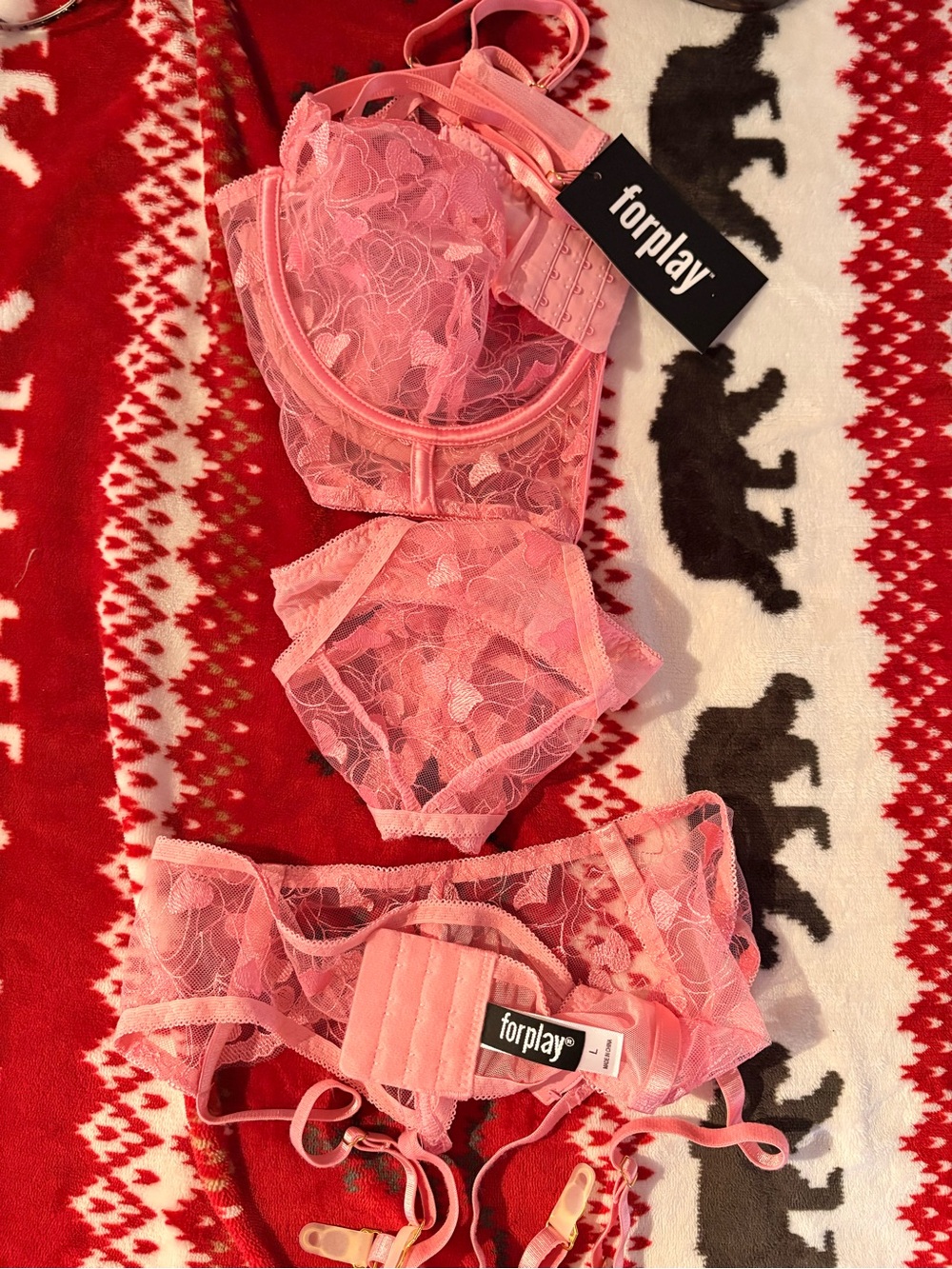 Forplay Sheer lace three-piece lingerie set Coral Pink.